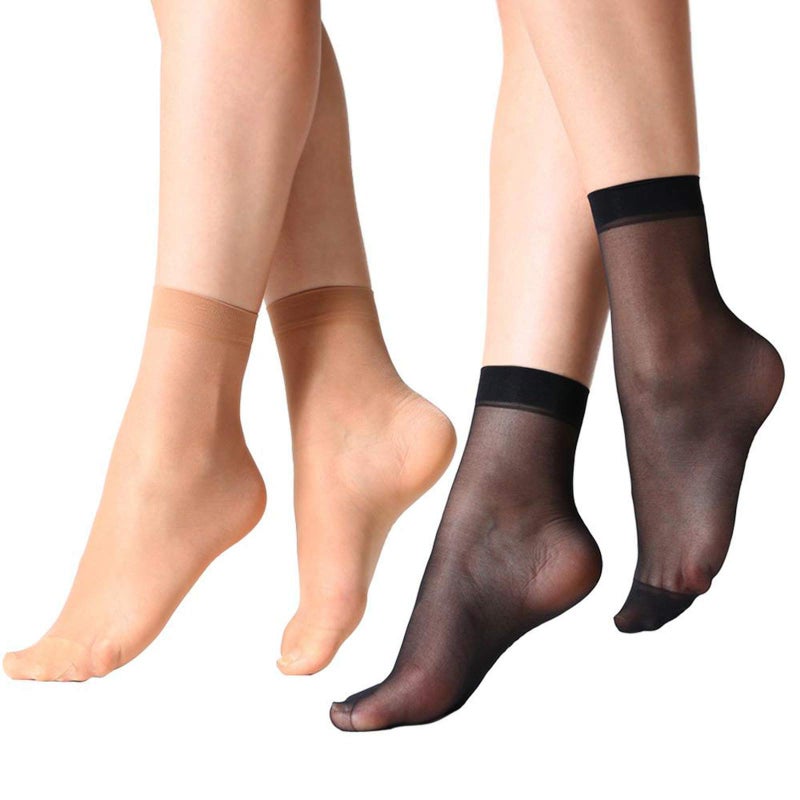 MANZI 12 Pairs Nylon Pantyhose Socks Ankle Sheer Hosiery One Size Natural with Black - Image 1